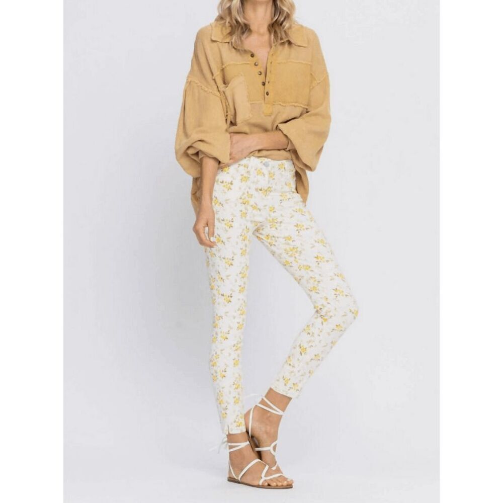 Judy Blue NWT Floral Skinny Jeans Mid Rise White Yellow JB8809 Size 3(26)